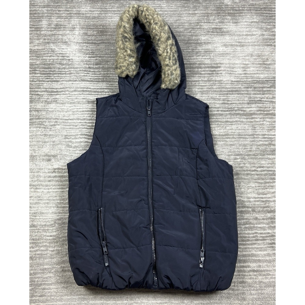 Liz Claiborne Jacket Womens‎ XL Blue Puffer Vest Faux Fur Trim Hood